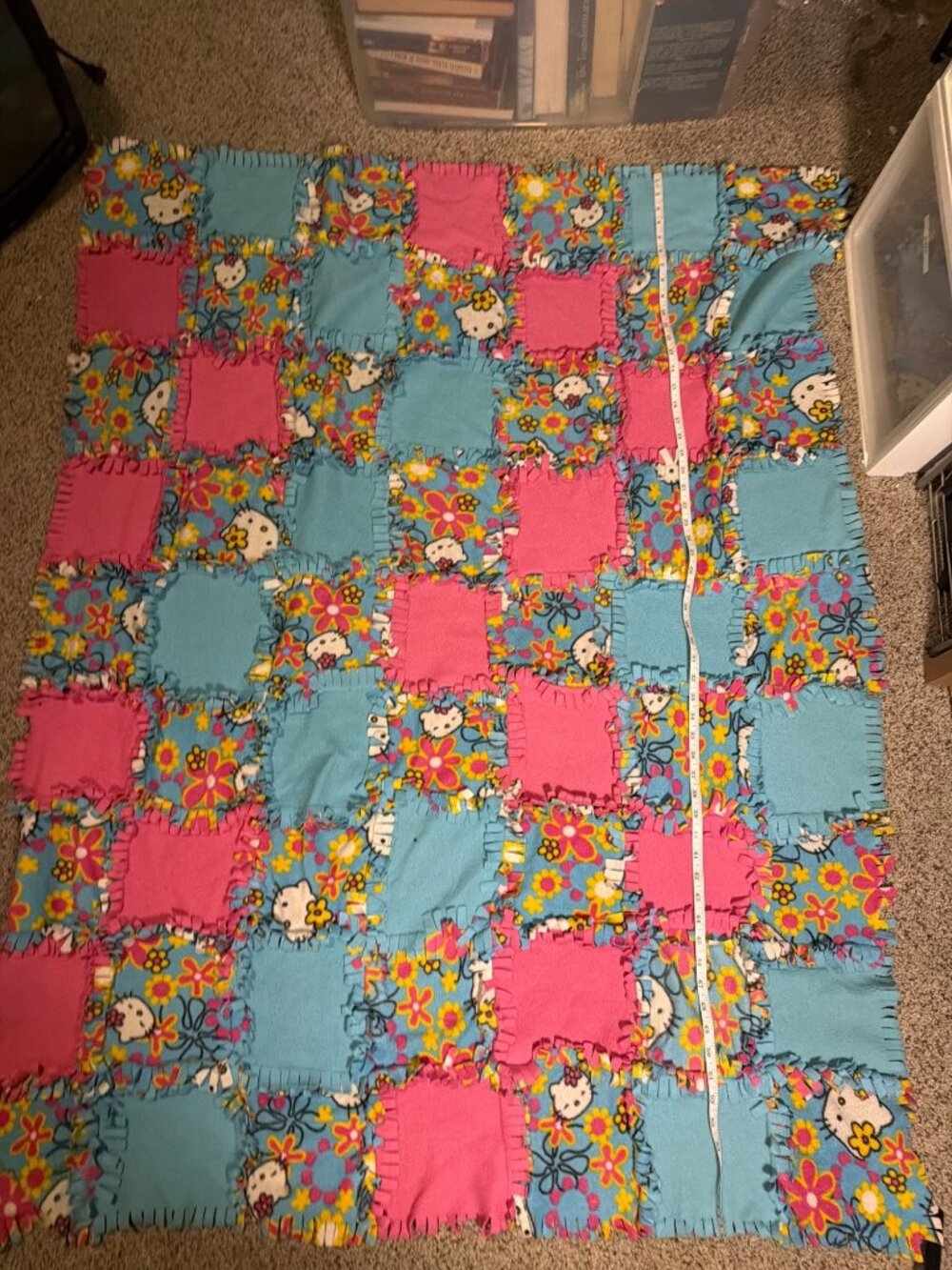 Hello Kitty Fleece Tie Blanket Patchwork Design 58" x 43" Multicolor Handmade